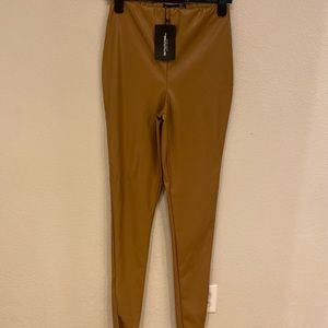 Tan Faux Leather Split Hem Leggings